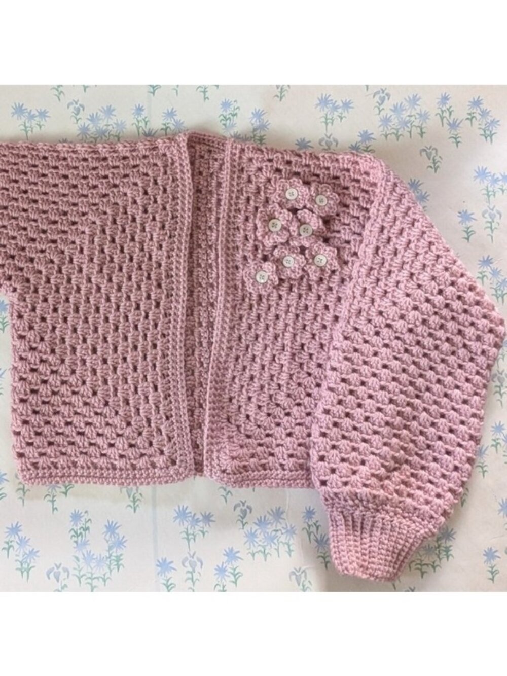Handmade Floral Crochet Cardigan Sweater XS Pink Cottagecore Soft Girl Vintage